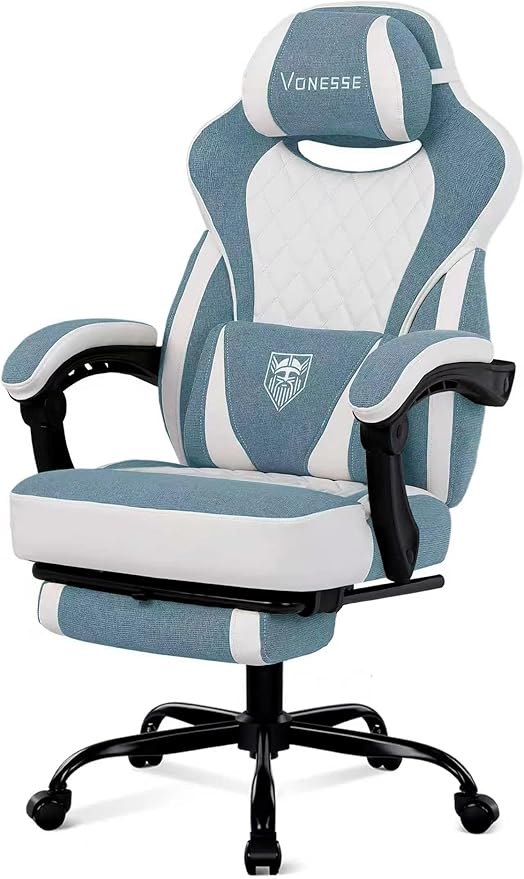 Vonesse Gaming Chair, Computer Chair Fabric with Pocket Spring Cushion, Office Chair with Footrest and Massage Lumbar Support, Reclining Gaming Chairs for Adults 250LBS (Blue)