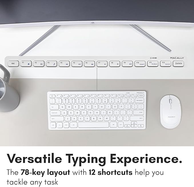 Macally White Wireless Keyboard and Mouse Combo - Quiet Productivity Duo - 2.4G Small Keyboard and Mouse Wireless - 78 Key Quiet Cordless Compact Mouse and Keyboard Combo with Mini Body