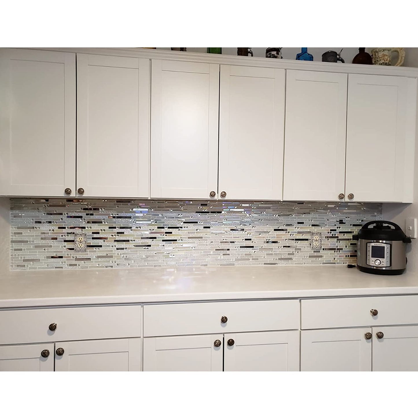 Blujellyfish Glass Metal Tile Iridescent White Glass Silver Mirror Stainless Steel Blends Interlocking Strip Wall Tiles TSTNB01 (Pack of 5 Sheets)