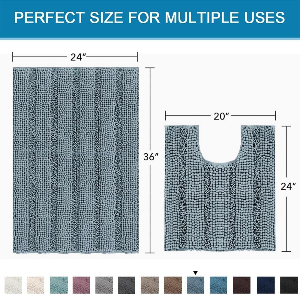 H.VERSAILTEX Bathroom Rugs Bath Rug Set 2 Piece Bathroom Contour Rug Toilet Mat Sets Non Slip Contour Bath Rug Ultra Thick Water Absorbent Striped Bath Mats(36" x 24" Plus 20" x 24" U, Stone Blue)
