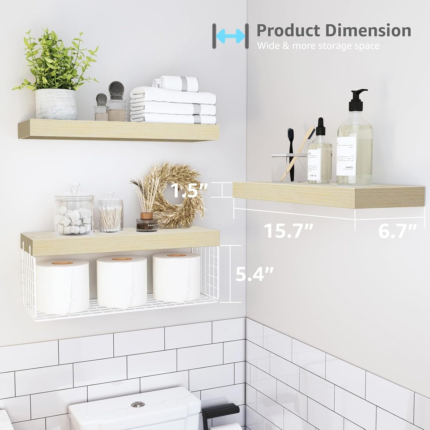 QEEIG Bathroom Shelves Over Toilet - Wall Mounted Floating Shelves Toilet Paper Storage Small Farmhouse Decor Shelf 16 inch Set of 3, Natural (019-BNW3)