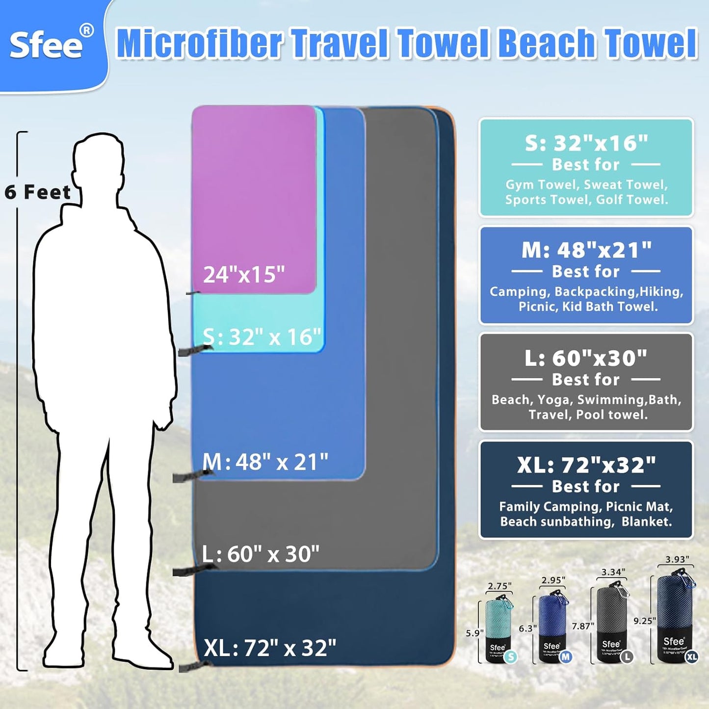 Sfee 2 Pack Microfiber Travel Towel, Quick Dry Towel Camping Towel Super Absorbent Compact Lightweight Sports Towel Swim Gym Beach Towels Set for Gym, Hiking, Pool, Backpacking, Bath, Yoga