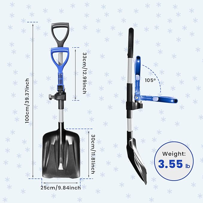 Foldable Snow Shovel,Ergonomic Snow Shovel with Dual D-Handle, No Tools Quick Assembly,Lightweight Shovel for Car Emergency, Garden, Car Garage, Home Sidewalk and Camping,40"