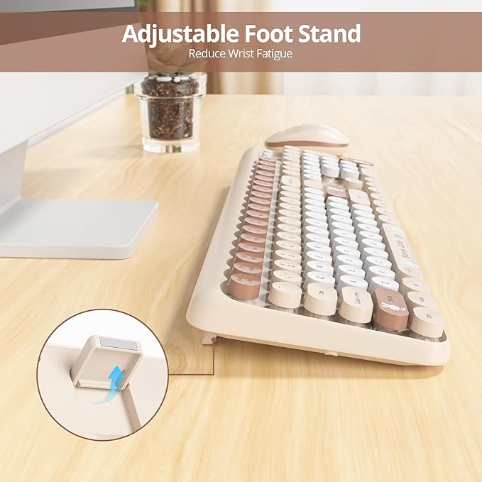 Owpkeenthy Cute Beige Keyboard and Mouse Wireless, Colorful Keyboard Retro Typewriter Style Full-Sized with Number Pad Round Keys for Desktop, Laptop and Computerr (Bunny Beige)