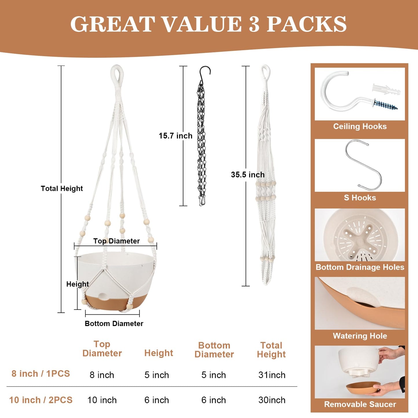 3 Pack Hanging Planters for Indoor Plants, 10 + 10 + 8 Inch Self-Watering Hanging Plant Pot, Macrame Plant Hanger with Pot, Ceiling Hooks, Removable Saucer and Drainage Holes for Garden Home - White