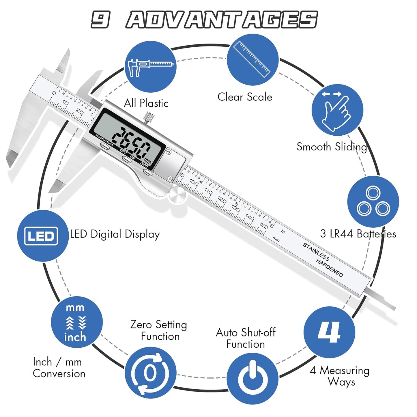 Digital Caliper Measuring Tool, Stainless Steel Vernier Caliper Digital Micrometer with Large LCD Screen, Easy Switch from Inch Metric Fraction, 6 Inch/150mm Caliper Tool for DIY/Household