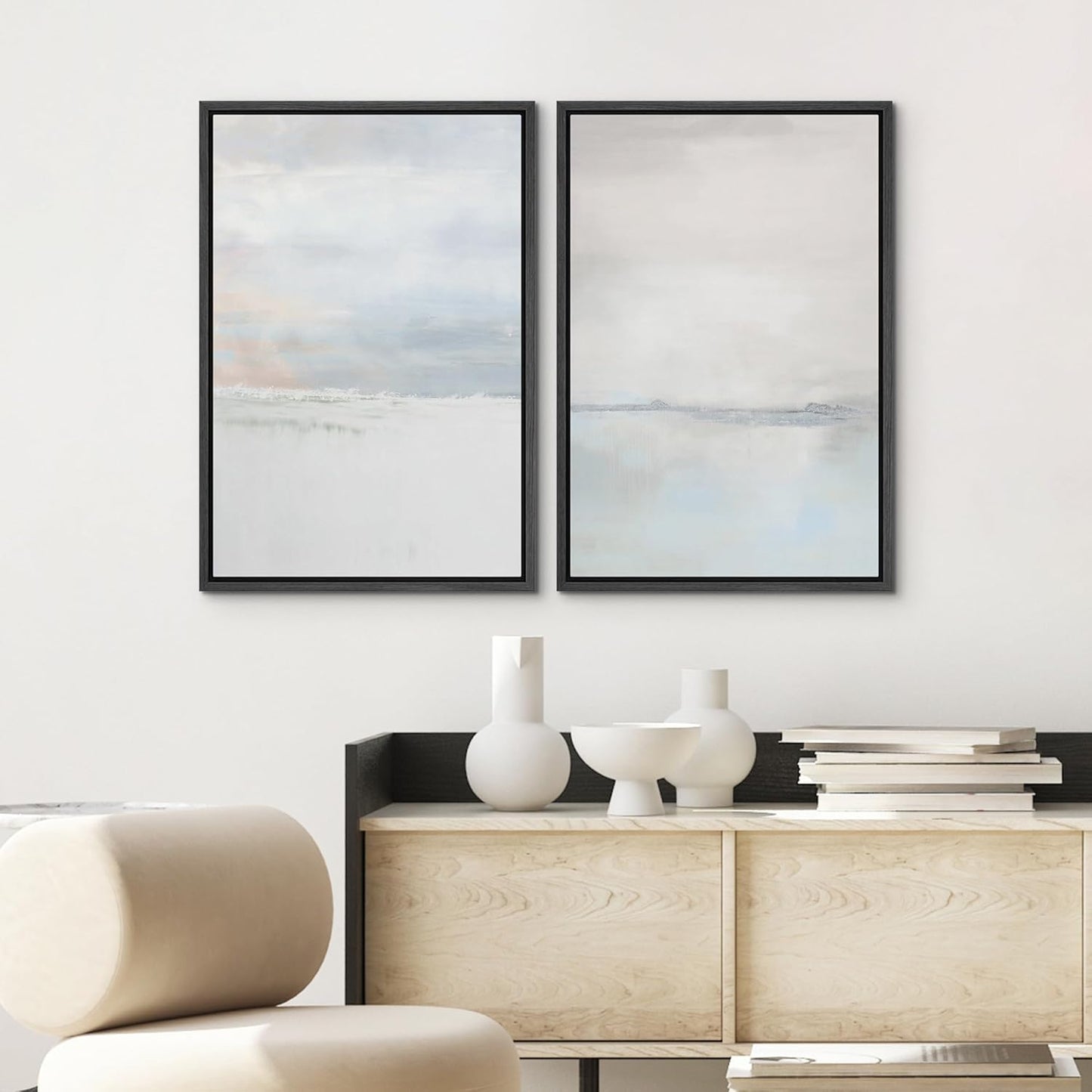 SIGNWIN Framed Canvas Print Wall Art Set Pastel Gray Watercolor Landscape Abstract Shapes Illustrations Minimal Decorative Boho Nordic Relax/Zen for Living Room, Bedroom, Office - 16"x24"x2 Black