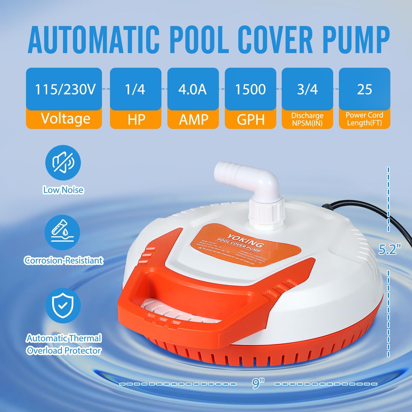 YOKING Automatic Pool Cover Pump, 1/4 HP 1500GPH Swimming Pool Submersible Water Sump Pump, 115/230V with 26ft Power Cord and 2 Adapters Water Removal for Pool, Hot Tub, Pond