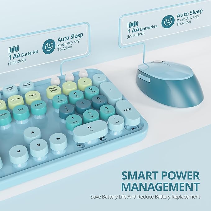 Owpkeenthy Blue Keyboard and Mouse Wireless，Cute Typewriter Keyboard Wireless 2.4GHz Full-Size with Retro Round Keycaps for Desktop, Laptop and Computer(Coloful Blue)