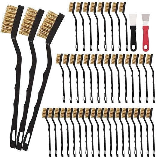 Mini Wire Brush Pure Brass Copper Wire Brush Set, Curved Handle Masonry Brush Wire Brush for Cleaning Welding Slag and Rust （Brass 40 Pcs）