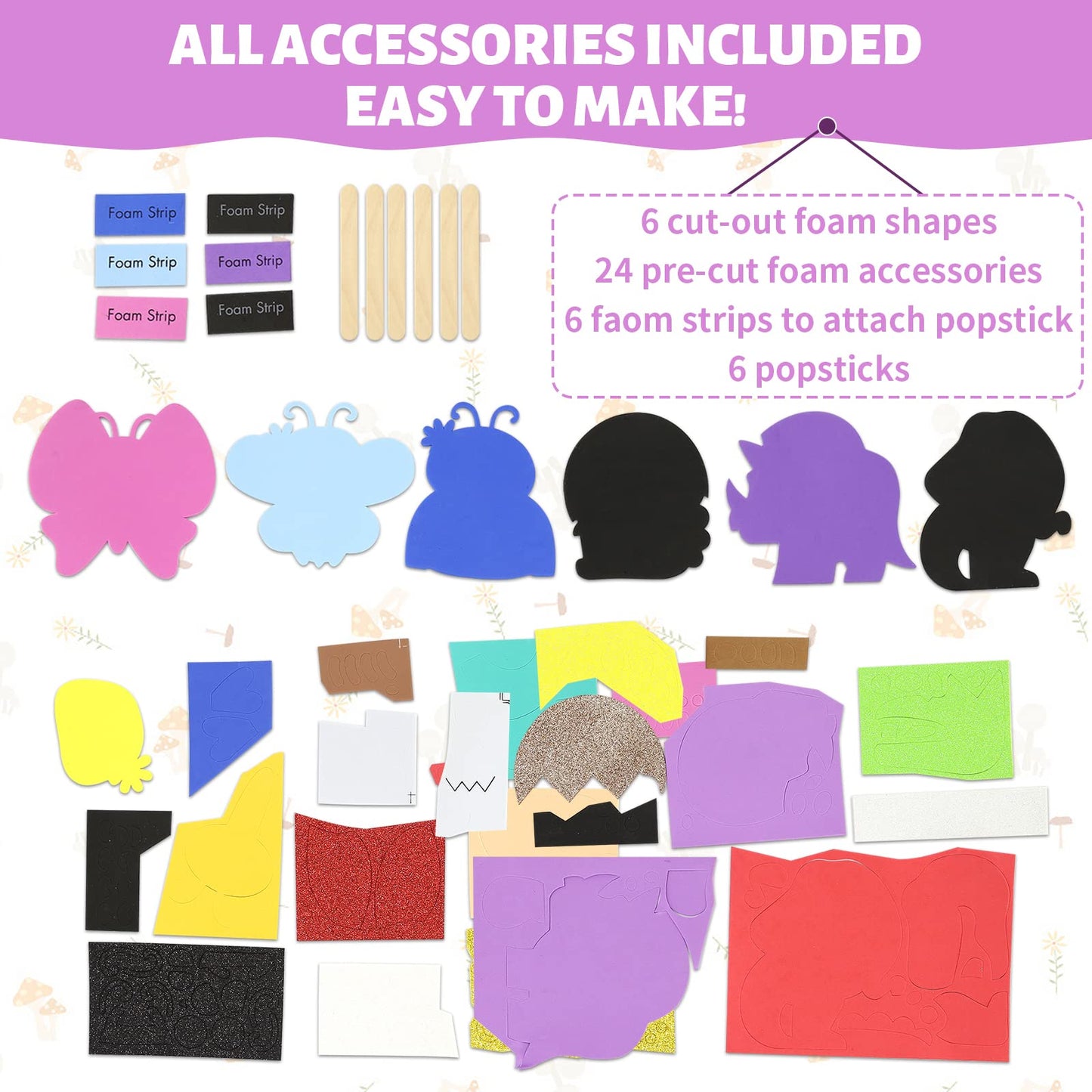 VKPI Make 6 Popstick Puppets Craft Kits for Kids, Foam Crafts, Story Time Toys for Ages 4+ Toddler, Dinosaurs, Butterfly, Preschool Projects Art Crafts, Birthday Holiday Gift