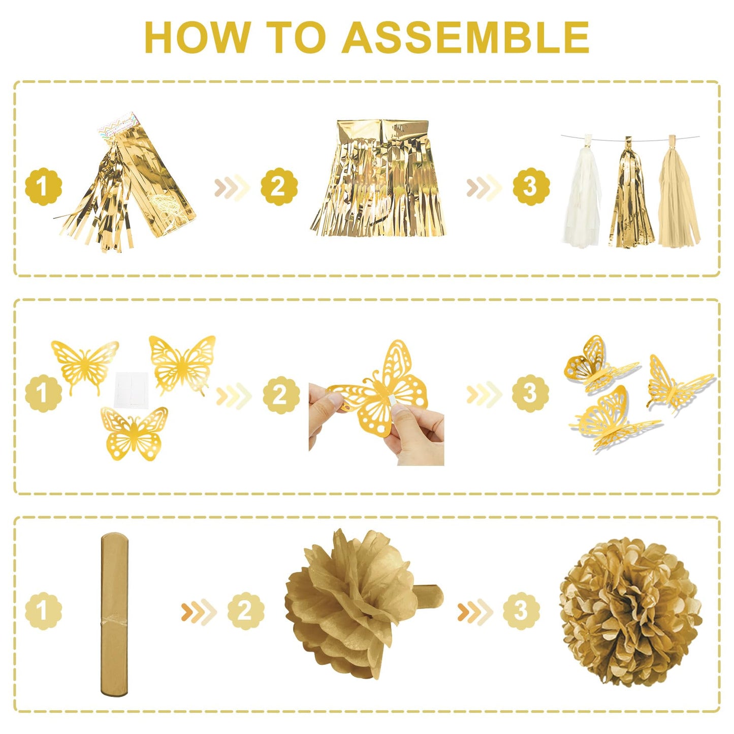 White and Gold Birthday Party Decorations Kit for Women Girls, Gold White Sand Confetti Foil Balloons Happy Birthday Banner Fringe Curtains Butterfly Garland Baptism Communion Supplies