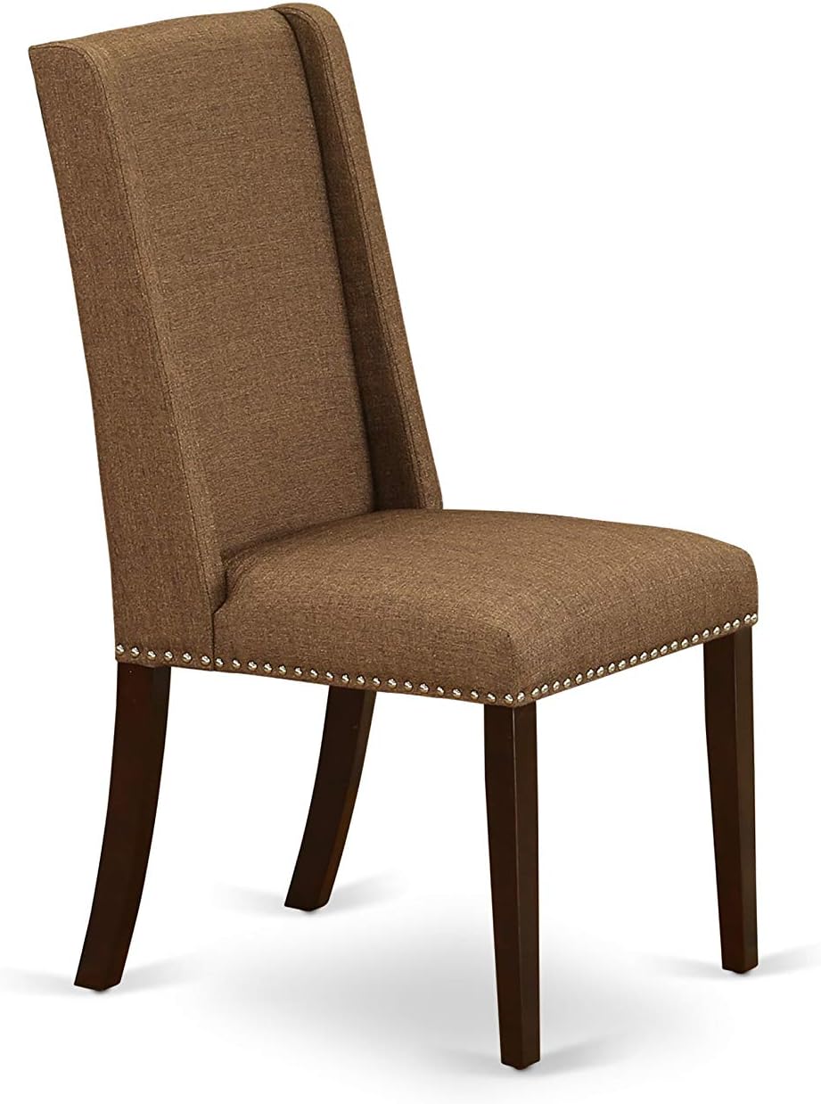 East West Furniture DLFL3-MAH-18 3 Piece Dining Set Contains a Round Dining Room Table with Dropleaf and 2 Brown Linen Linen Fabric Upholstered Parson Chairs, 42x42 Inch, Mahogany
