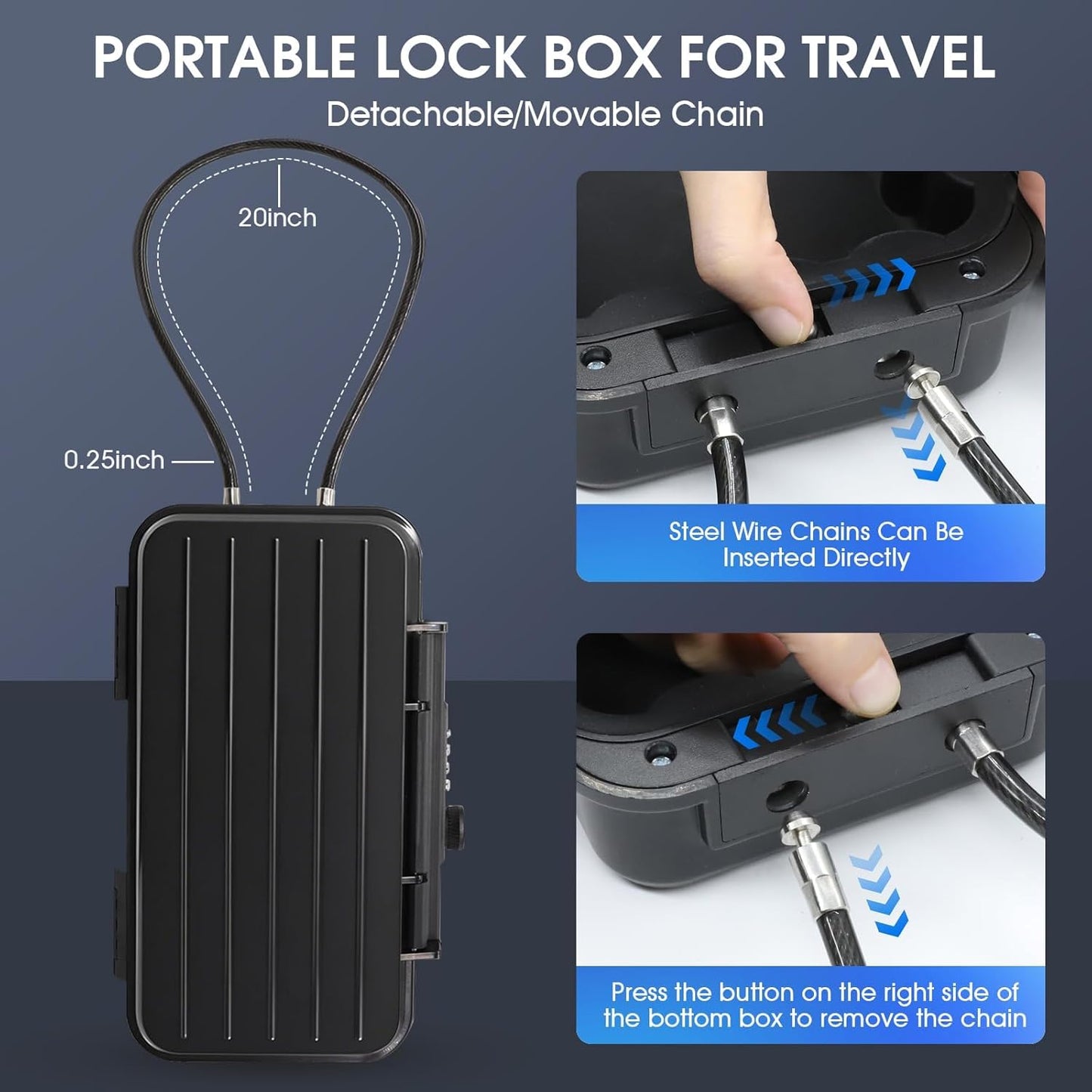 Beach Lock Box,Travel Safe Lock Box with Removable Chain,Locking Boxes with Code,Portable Lockbox for Travel Safe,Personal Items,Beach,Gym,Hotel,Dorm,Black