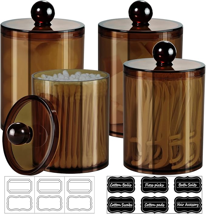 SheeChung 4 Pack Plastic Acrylic Bathroom Vanity Countertop Canister Jars with Storage Lid, Apothecary Jars Qtip Holder Makeup Organizer for Cotton Balls,Swabs,Pads,Bath Salts (Amber)