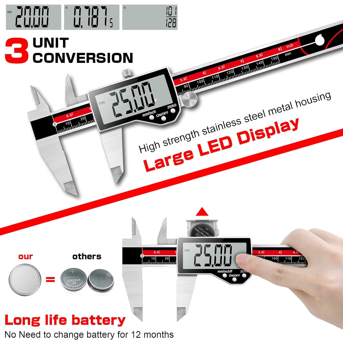 Digital Caliper Electronic Caliper Measuring Tool Precision Digital Vernier Caliper Inch/Millimeter/Fraction Measurement Micrometer for Jewelry - Metal Metric Measure Caliper for Engineer Carpenter