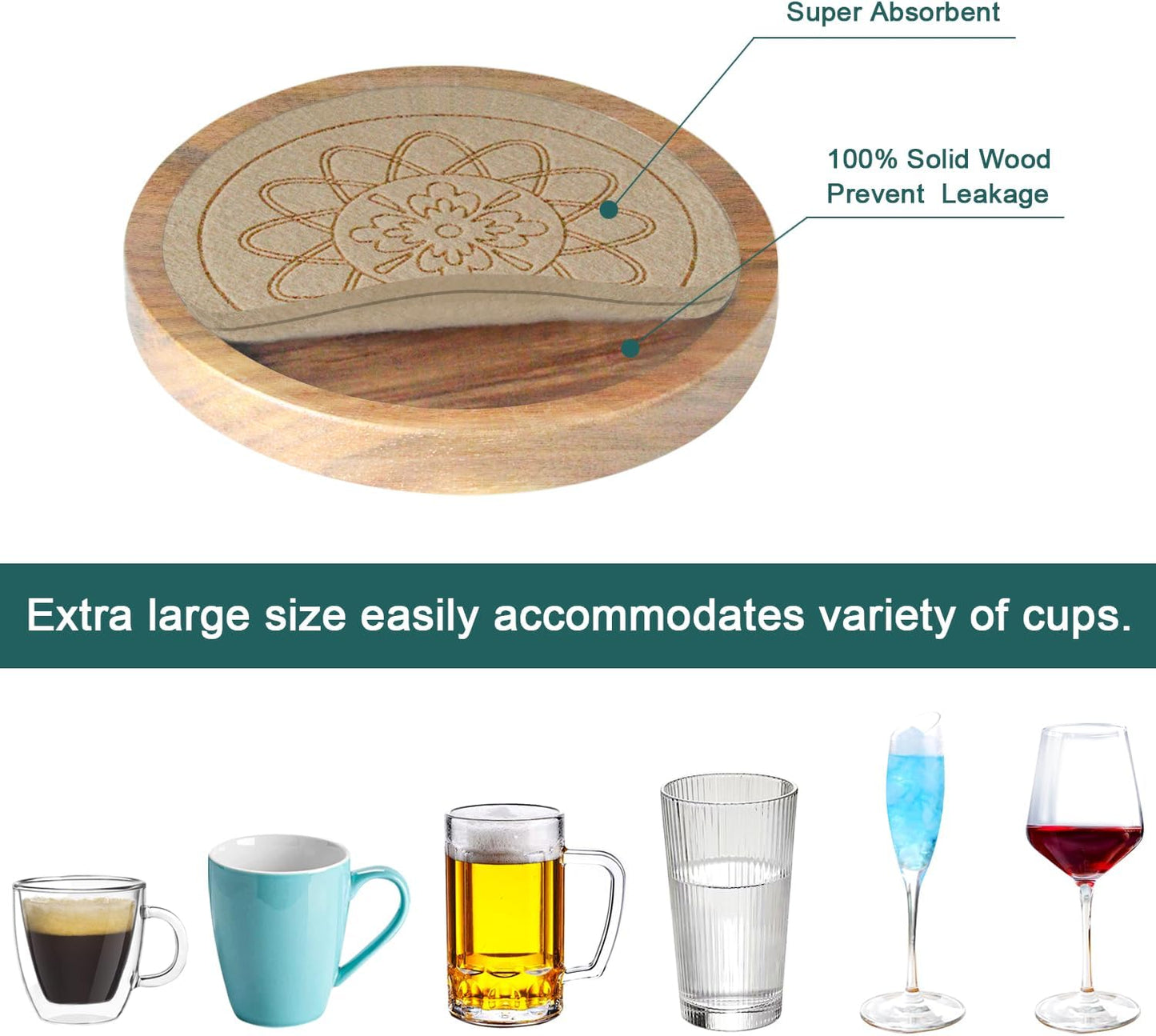 Wood Coasters for Drinks Housewarming Gifts for Home Decoration Absorbent Coasters with Holder for Coffee Tabletop Protection 4.3 Inch Beige