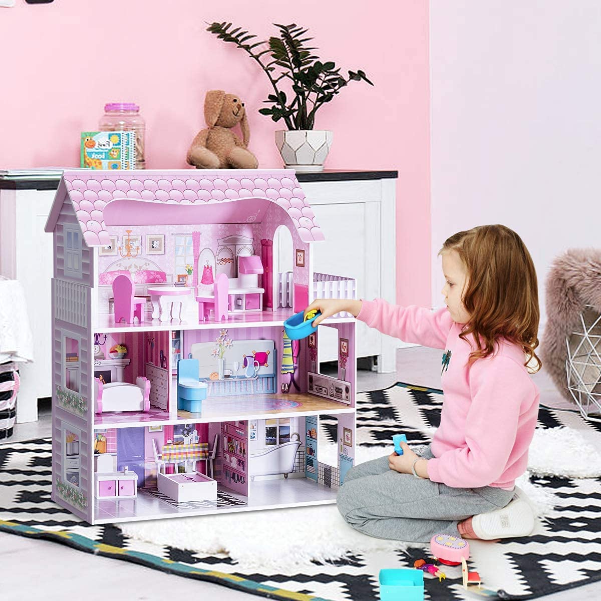 Honey Joy 3-Level Wooden Dollhouse with 8 Pcs Furniture, Pretend Play Kids Doll's House, Princess Mini Toy Playset, Gift for Little Girls (Pink, 2.5FT)