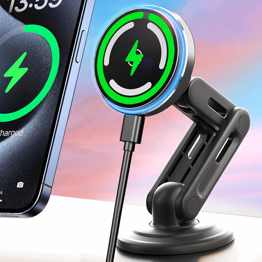 Wckesi Qi2 15W For Magsafe Car Mount Charger, Led Ambient Light, Retractable With Long Arm & 360Rotation, Dash Magnetic Wireless