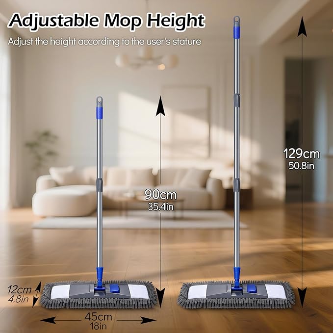 MASTERTOP Microfiber Mop for Floor Cleaning, Flat Dust Mop for Home and Kitchen, Adjustable Stainless Steel Handle with 4 Washable Pads&1 Cleaning Scrape for Hardwood, Vinyl