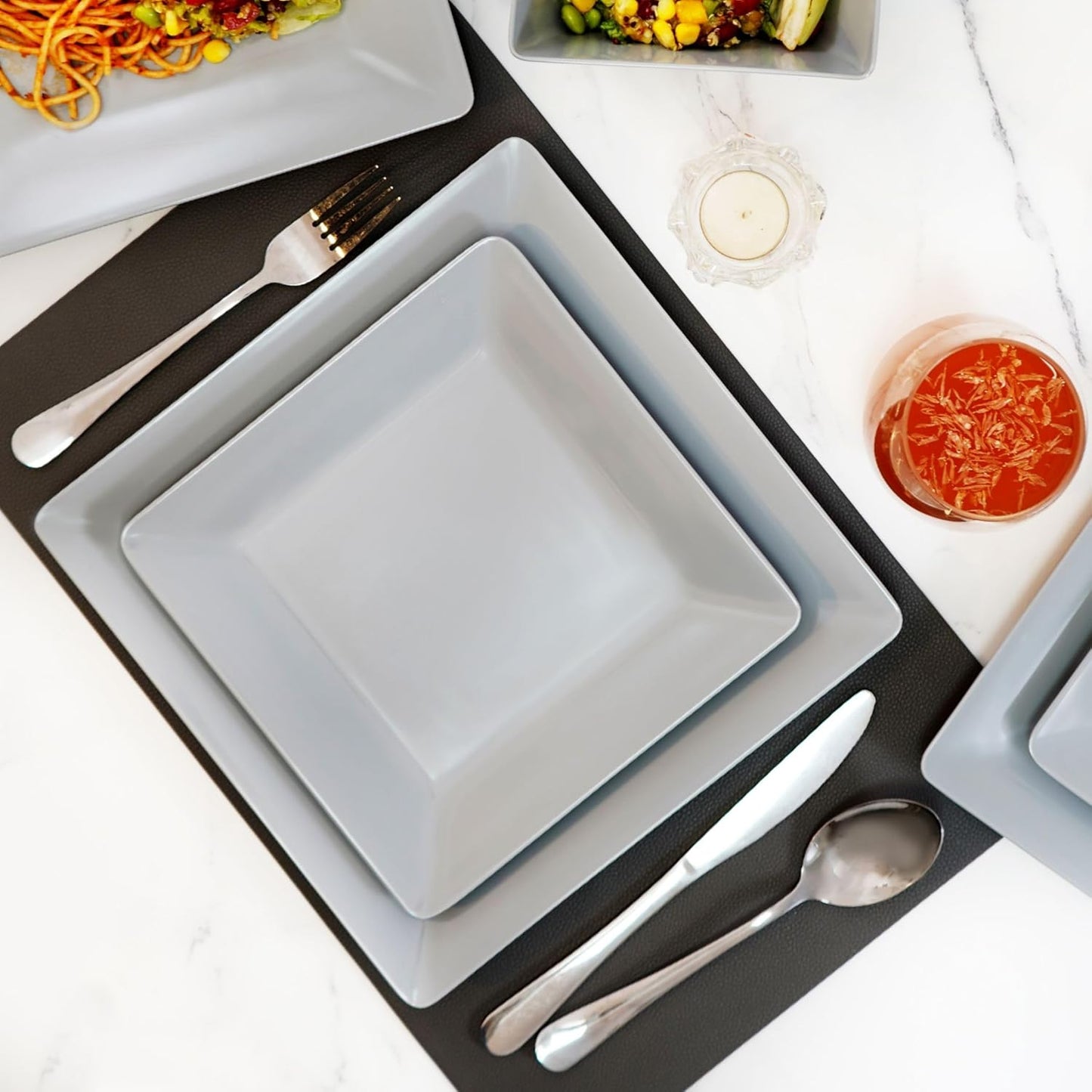 TP 12-Piece Dinnerware Set, Melamine Dishes Set with Bowls and Plates, Non-breakable and Lightweight Square Dinner Set for 4, Grey