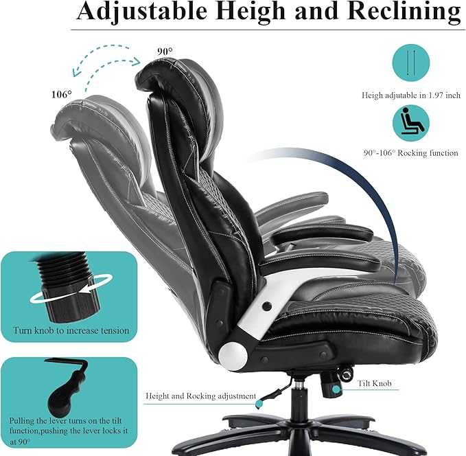 Big and Tall Office Chair,500lbs Capacity Ergonomic Desk Chair for Heavy People,PU Leather Swivel Rolling Computer Chair with Padded Flip-up Arms,High Back Executive Office Chair,Black