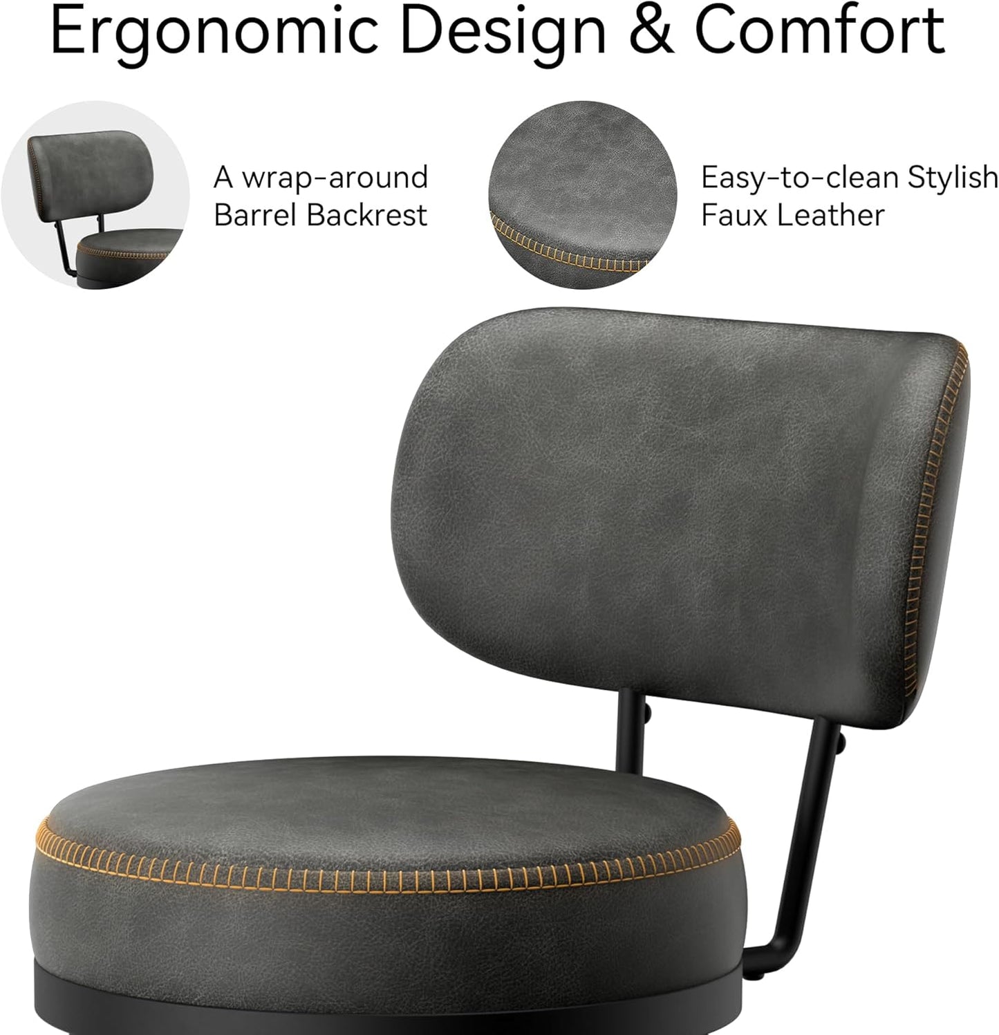 Counter Height Bar Stools, 26" H Swivel Barstools Set of 2, Faux Leather Kitchen Counter Stools with Back and Stylish Stitching, Metal Frame, Pub, Home Bar, Black Grey