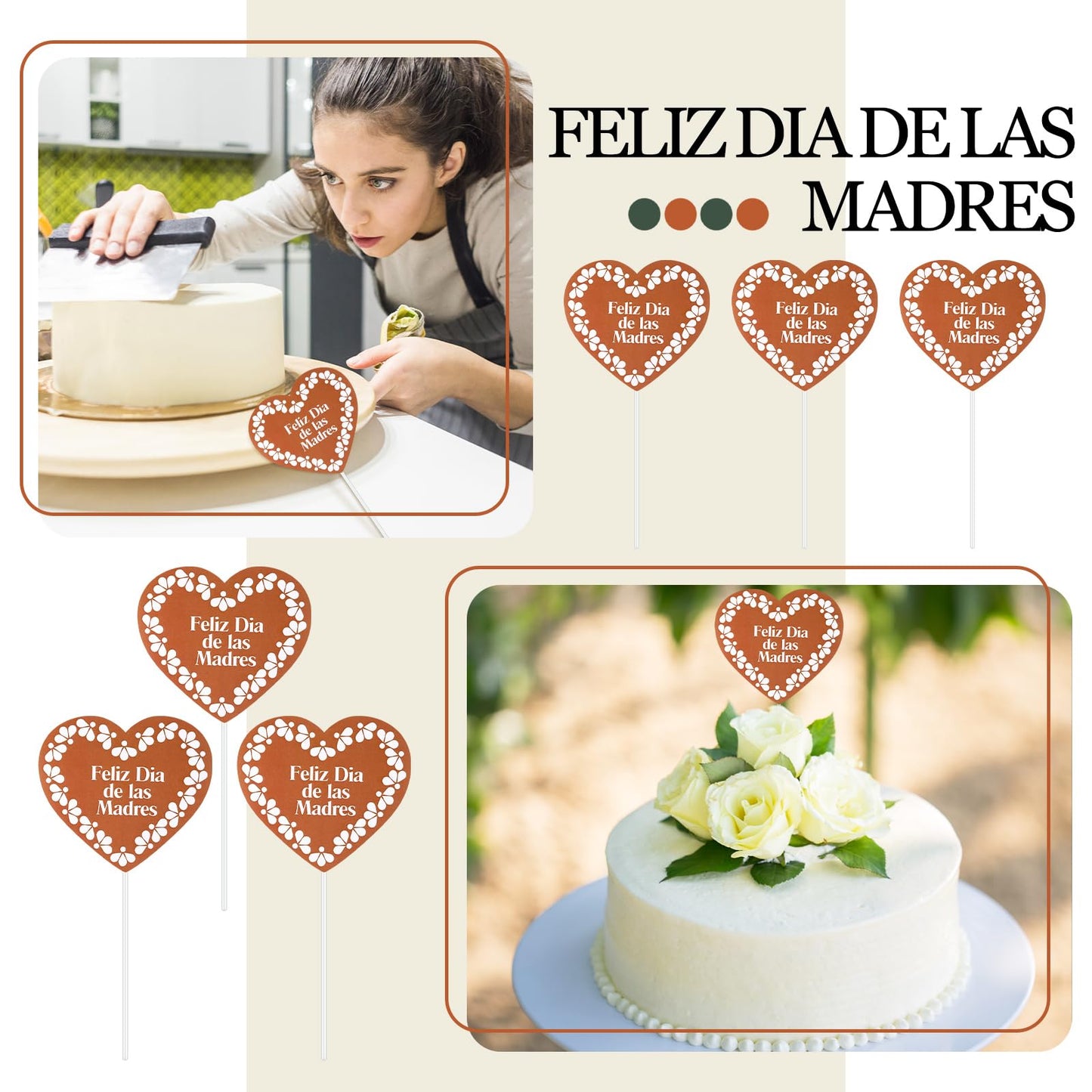Fullhawl 20 Sheet Mexican Flower Wrapping Paper and 10 Pcs Feliz Dia De La Madre Cake Toppers Waterproof De Barro Brown White Floral Bouquet Wrap for DIY Gift Packaging Florist Supplies