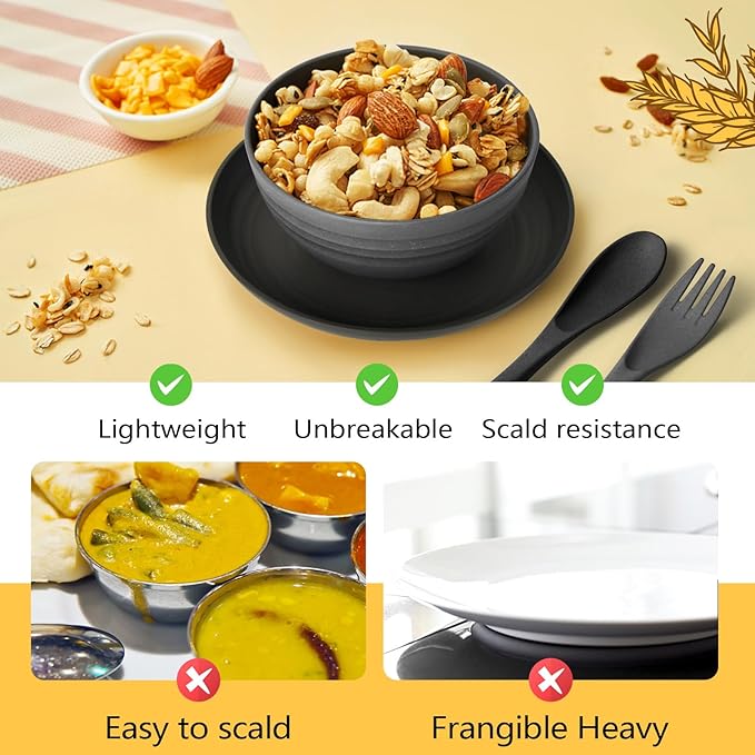 Teivio 32-Piece With Flatware Kitchen Plastic Wheat Straw Dinnerware Set, Service for 8, Dinner Plates, Dessert Plate, Cereal Bowls, Cups, Unbreakable Plastic Outdoor Camping Dishes, Gray Ombre