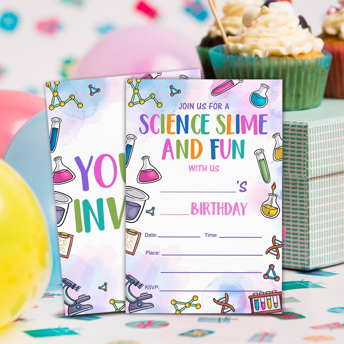 Science Birthday Invitations With Envelopes (20 Count), Science Slime Birthday Party Fill in Invites Cards, Double Sided Design