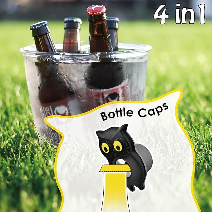 4-in-1 Manual Owl Bottle Opener - BPA-Free Multi-Function Opener for Bottle Caps, Jars, Pull Tabs & Twist Caps, Ergonomic Design for Kids, Seniors & Weak Hands (Yellow)