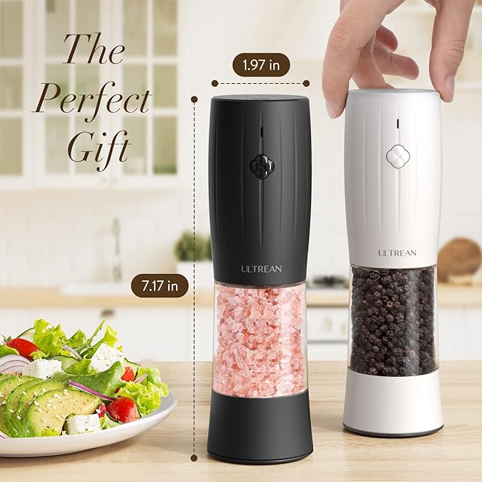 Ultrean Salt and Pepper Grinder Set, Rechargeable Automatic Pepper Mill Shakers, 6 Adjustable Coarseness, LED Light, Kitchen Gadget for House warming Gifts, Black & White