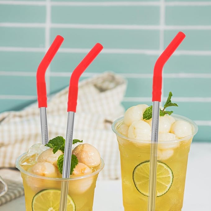 10Pcs Reusable Stainless Steel Straws with Silicone Tips Multipurpose Drinking Straws for Milk Tea Coffee Lightweight Rust-resistant