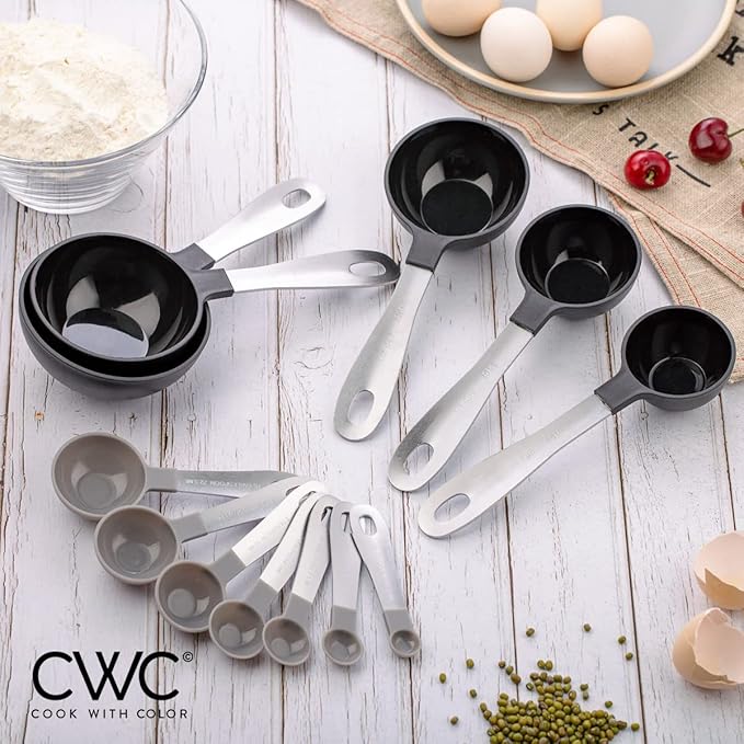 COOK WITH COLOR Measuring Cups Set and Measuring Spoon Set, Stainless Steel Handles, Nesting Kitchen Measuring Set, Liquid Measuring Cup Set, 12 PC Stainless Steel, Black and White Collection