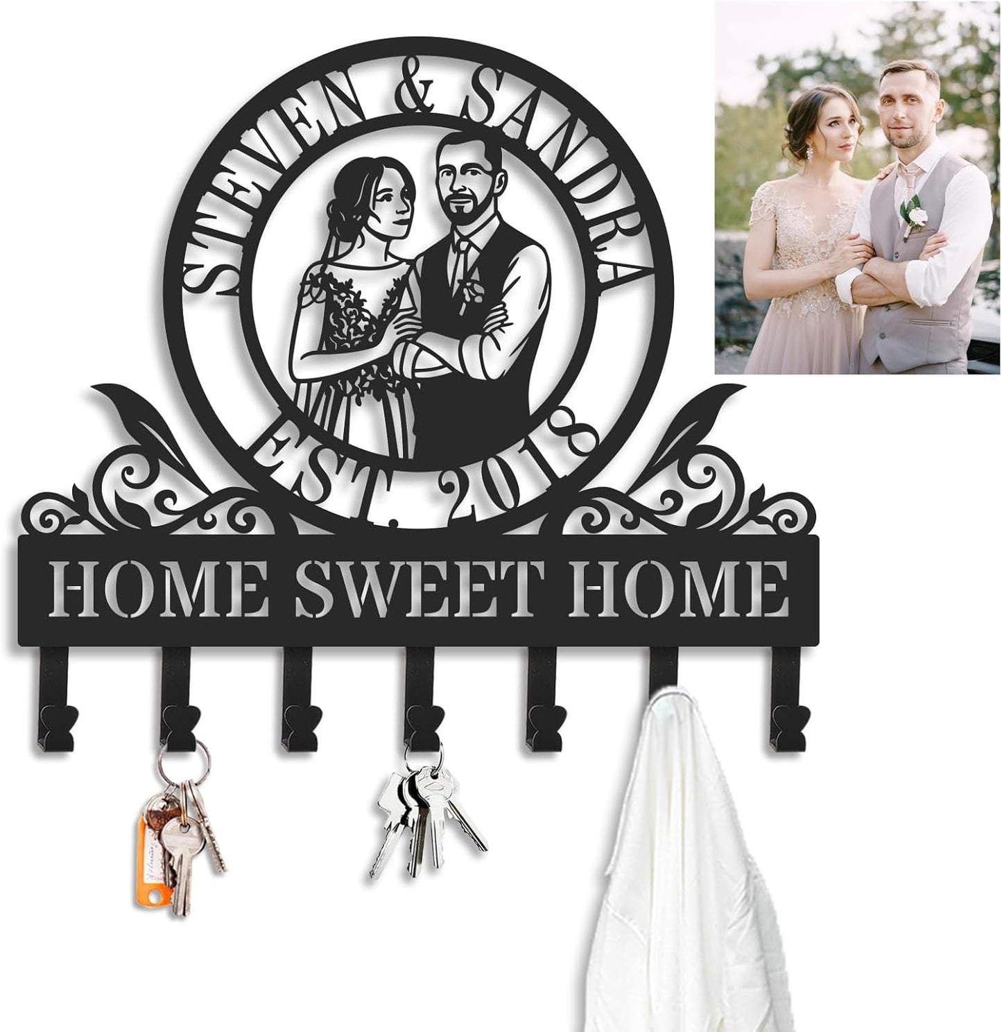 Personalized Metal Portrait with Key Hooks, Custom Photo Wall Key Holder, Iron Portrait from Your Photo, Anniversary Wedding Birthday Gift, Personalized Wall Decor