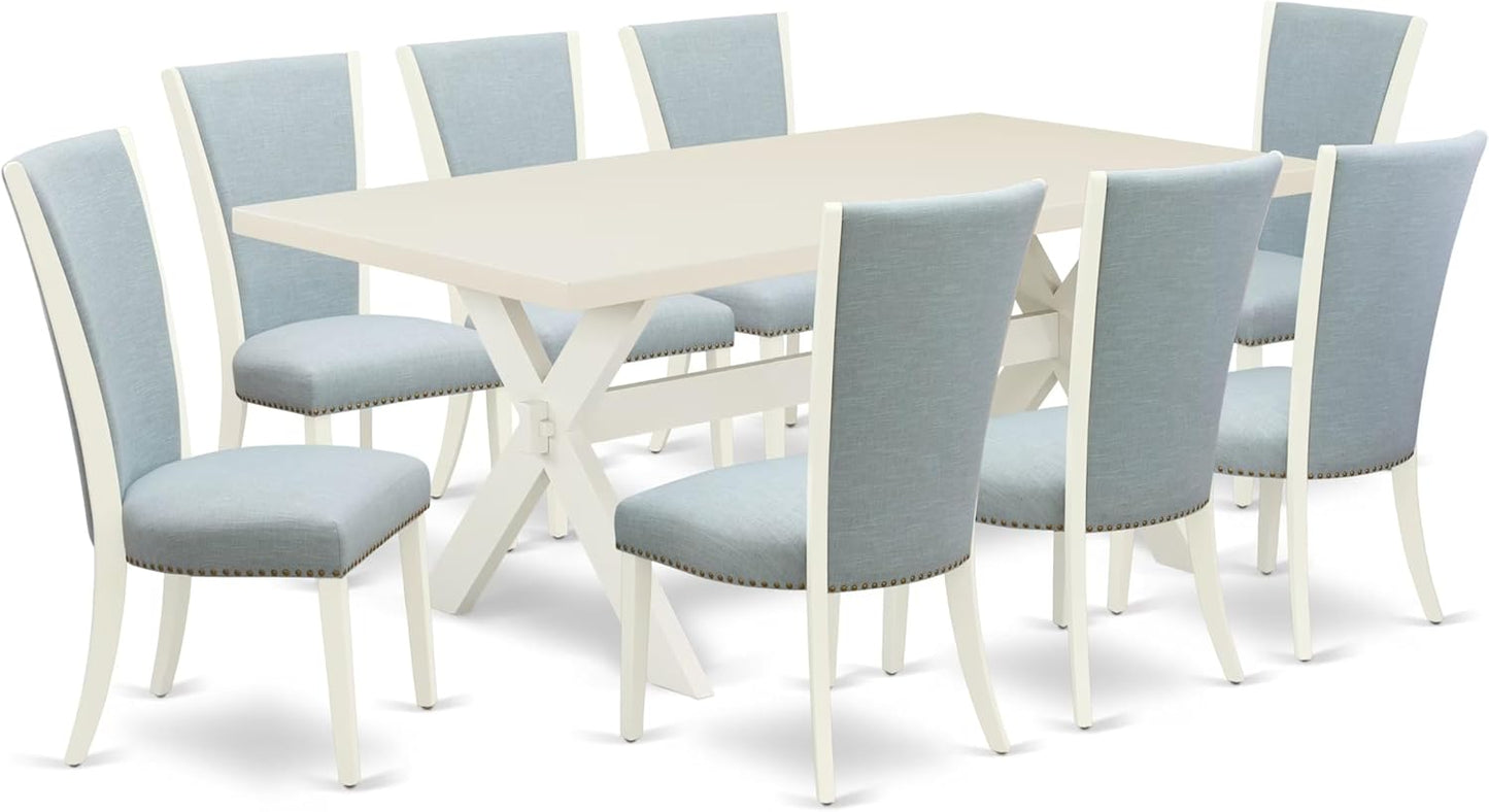 East West Furniture X027VE215-9 9 Piece Dining Room Table Set Includes a Rectangle Dining Table with X-Legs and 8 Baby Blue Linen Fabric Upholstered Parson Chairs, 40x72 Inch, Multi-Color