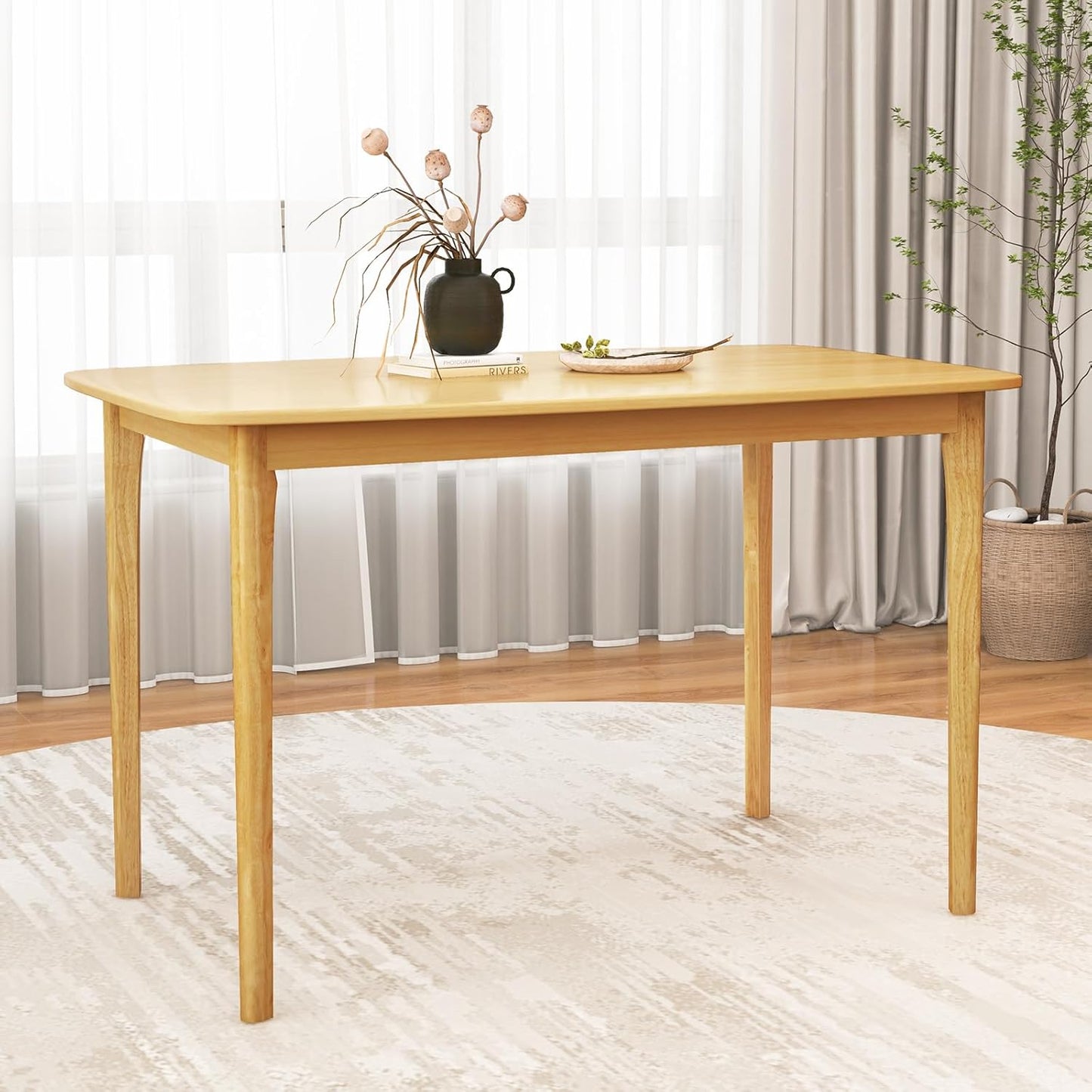 COSTWAY Dining Table, 48” Wooden Rectangular Kitchen Table with Solid Rubber Wood Legs, Spacious Tabletop for Kitchen, Dining Room, Restaurant