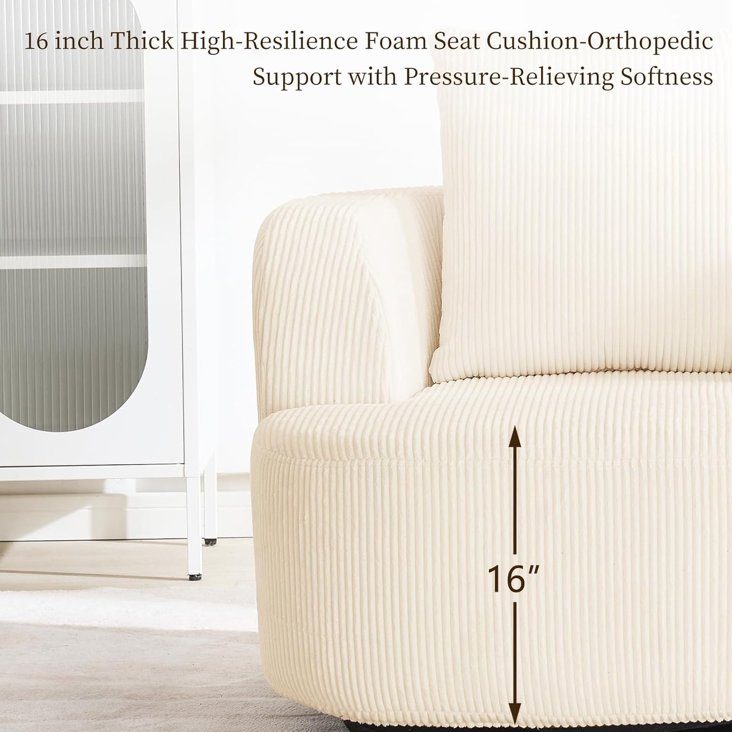 Furnimart 360° Swivel Barrel Accent Chair, Round Upholstered Comfy Lounge Chair, 34“ Corduroy High-Resilienc Foam Single Sofa, No Assembly Wide Seat for Living Room, Bedroom, Apartment (Beige)