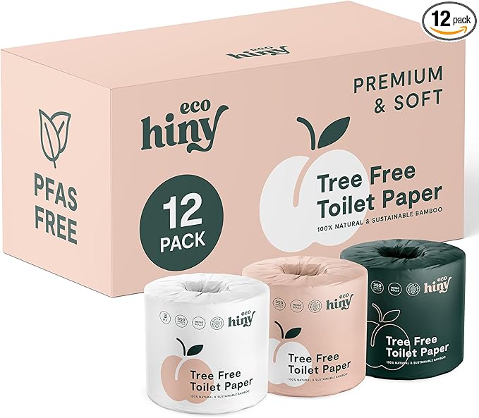 ecoHiny Premium & Soft Bamboo Toilet Paper | PFAS Free | 12 Mega Rolls, 3 ply & 350 Sheets | Non Toxic, FSC Certified, Septic Safe, BPA Free | Tree Free Toilet Tissue | Plastic Free Packaging