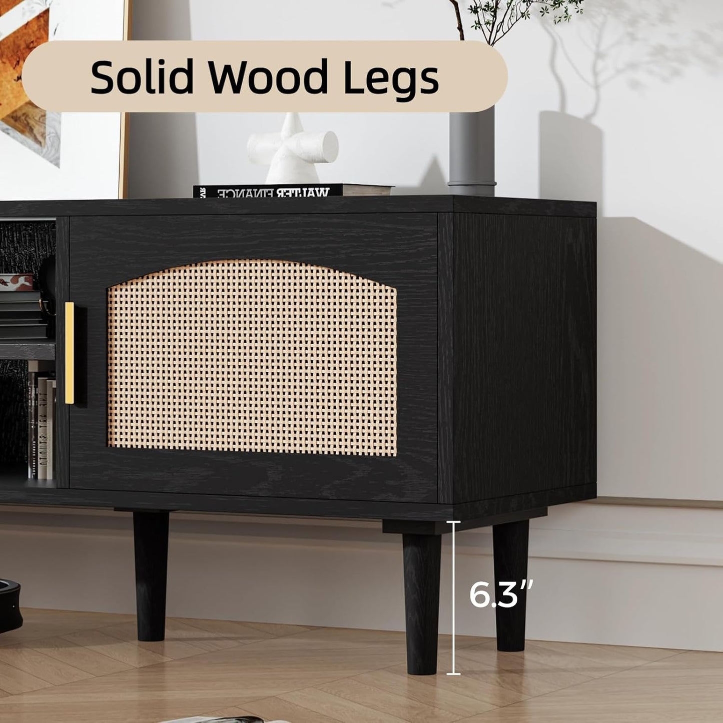 TV Stand for TVs up to 60", Modern Entertainment Center with 2 Rattan Doors, TV Cabinet with Solid Wood Legs & Golden Handles, TV Media Console Table for Living Room, Black & Wood