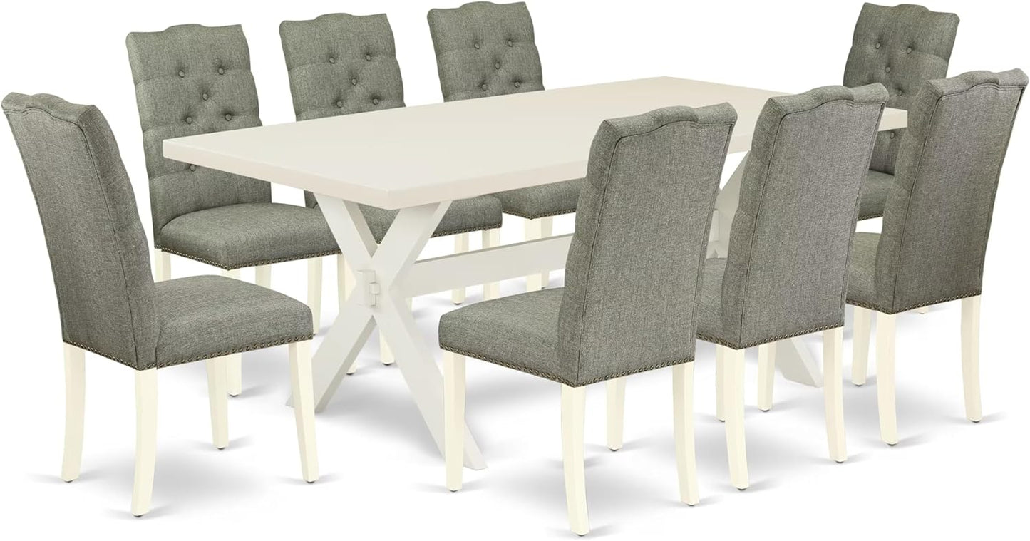 East West Furniture X027EL207-9 9 Piece Kitchen Table & Chairs Set Includes a Rectangle Dining Room Table with X-Legs and 8 Gray Linen Fabric Parson Dining Chairs, 40x72 Inch, Multi-Color