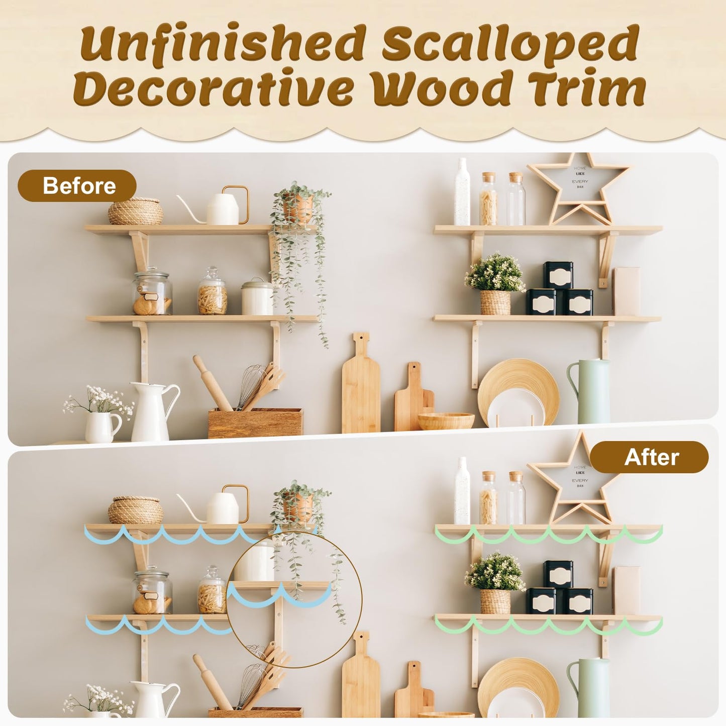 Wavy Wood Trim - 30 Pack Unfinished Wave Wood Decorative Trim Edge Molding, Wavy Design, 15.75 x 2.76 in, DIY Scalloped Wooden Molding for Home Wall, Dollhouse, Shelf and Window Decor