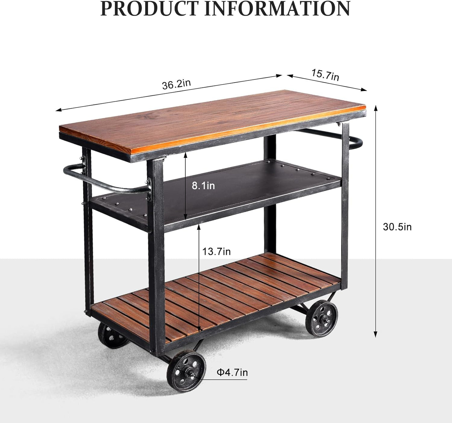 Vintage Rolling Bar Cart on Wheels Industrial Mobile Serving Cart Metal and Wood Design for Kitchen Bar Office Coffee House 36.2" Lx15.75 Wx30.5 H 3 Tier with 2 Side Handle