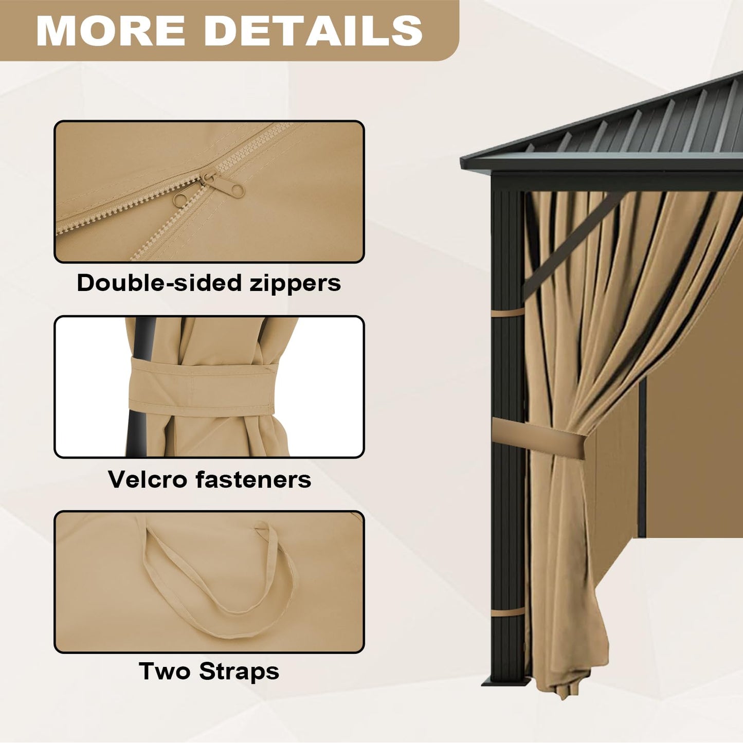 slashome 10'x12' Gazebo Curtains Outdoor Waterproof, Khaki Universal Replacement Curtain 4-Panels, Sidewalls with Zipper for Garden, Patio, Yard (Only Curtains)