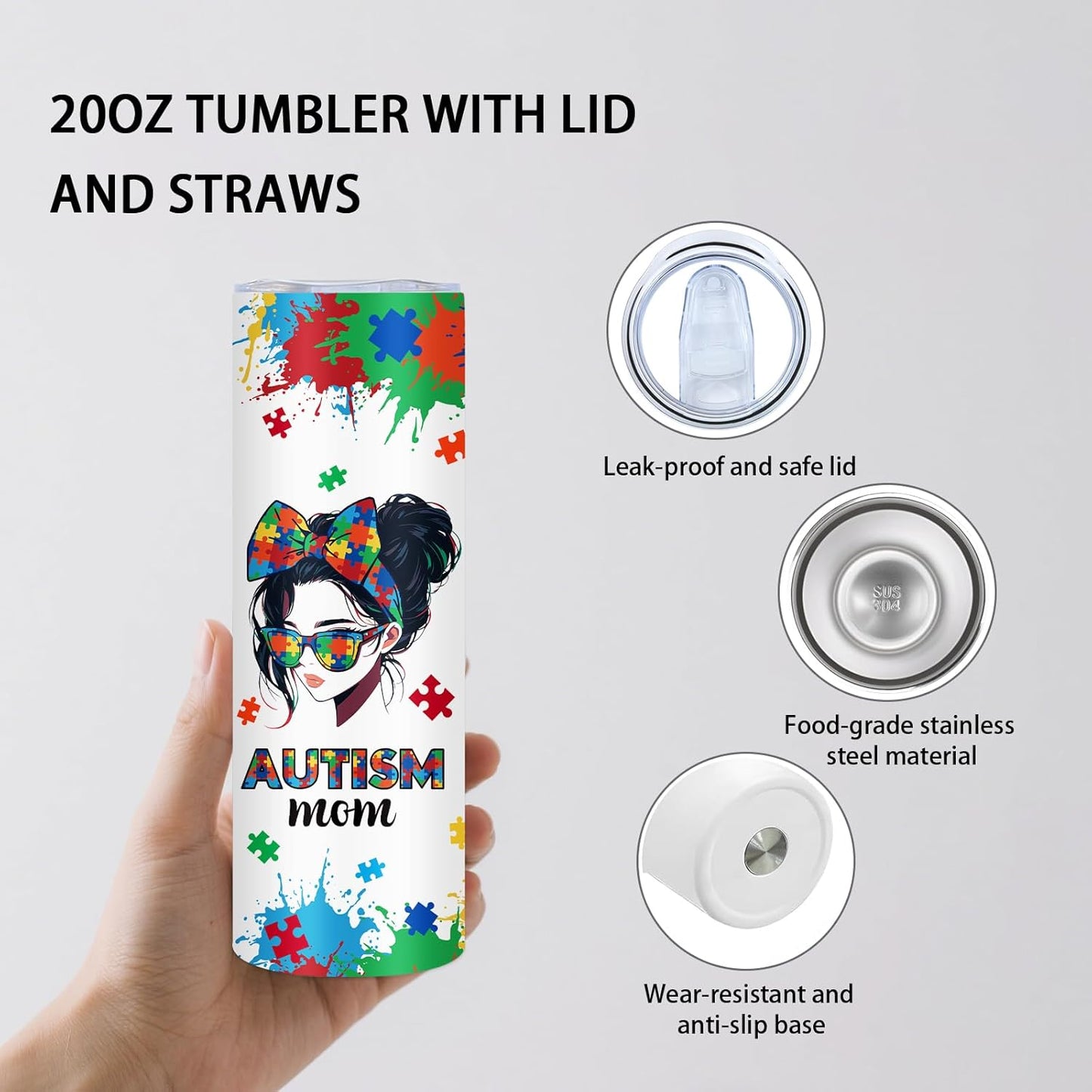 Autism Mom Gifts, Autism Awareness Tumbler for Mom - 20 oz Tumblers With Straws and Lid For Warrior Moms, Autism Cups Encouragement Gift