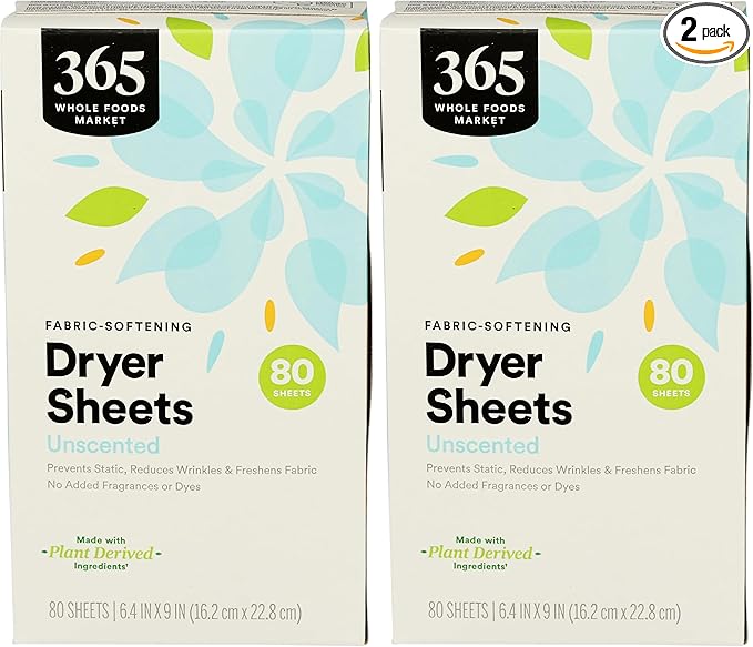 365 by Whole Foods Market Dryer Sheets Fabric Softener, Unscented | 80 Count | Pack of 2