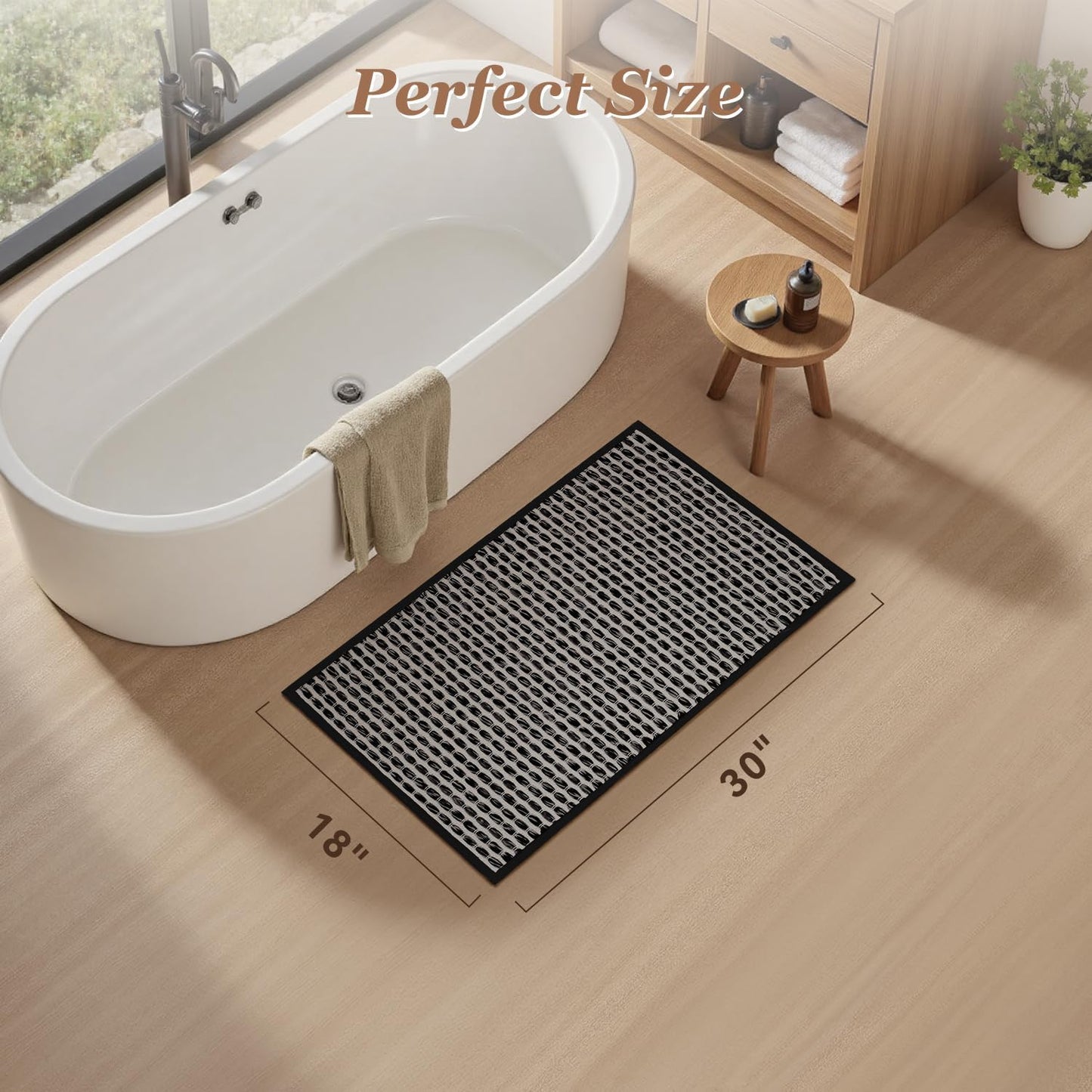 AMOAMI Unique Woven Bath Mat, Super Absorbent Non Slip Bath Mats for Bathroom Floor Textured Bathroom Mat Quick Dry Washable Bath Rug Boho Thin Rugs for Bathroom Beside Tub, 18" x 30", Black