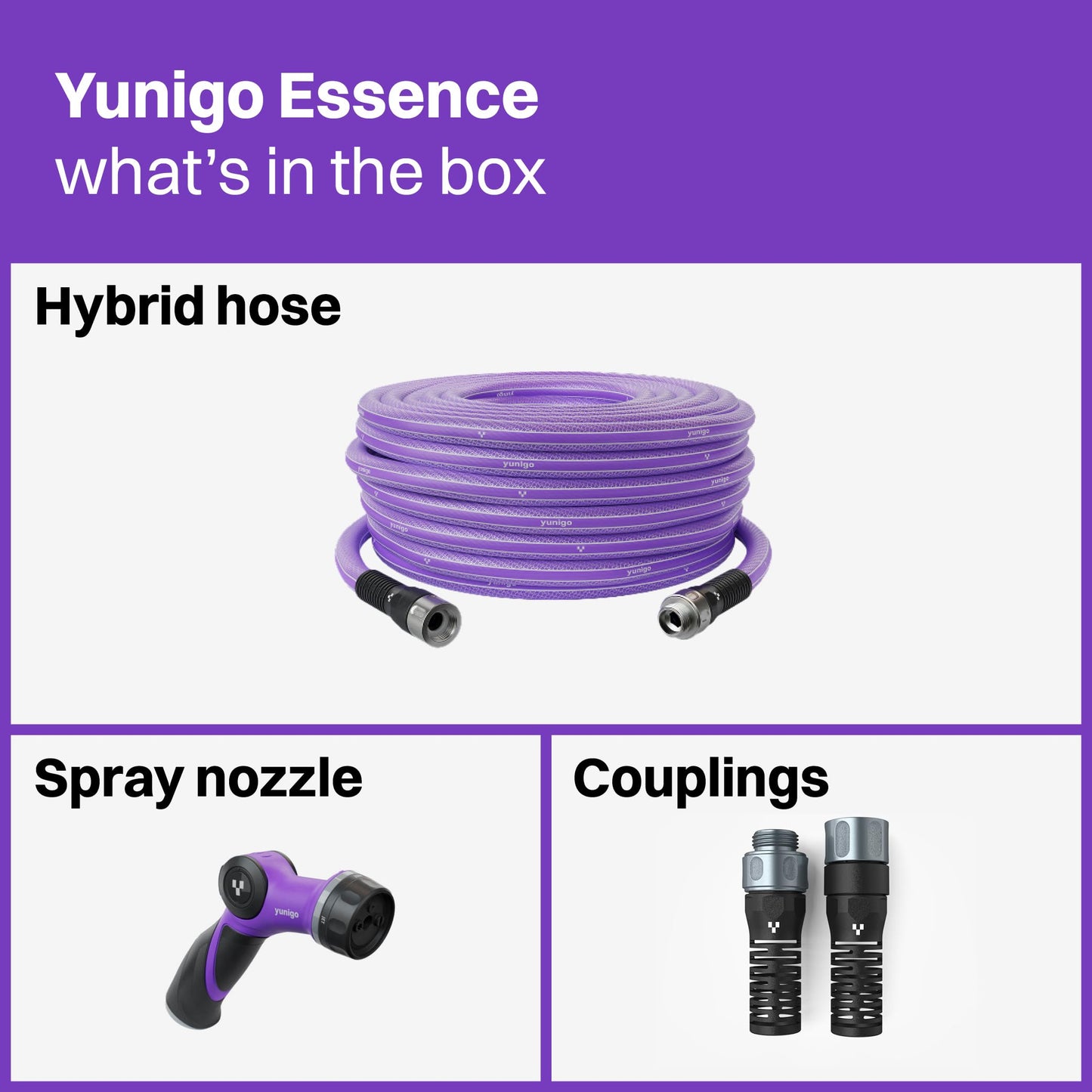 YUNIGO ESSENCE 5/8" 100ft Hybrid Purple Garden Hose – No-Kink Abrasion-Resistant with Durable Aluminum Fittings & Spray Nozzle, Ideal for Intensive Home & Garden Watering