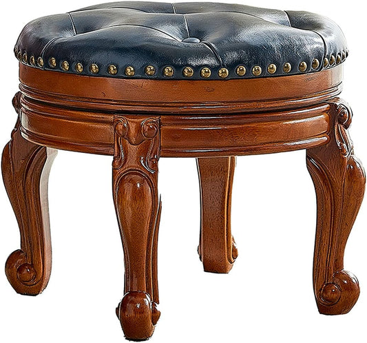 Solid Wood Foot Stool Round Ottoman Mid-Century Footrest Sofa Stool with Microfiber Leather Cushion for Living Room, Bedroom, Entryway (Dark Blue)