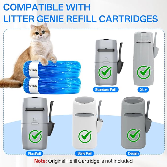 Cat Litter Refill Bags Compatible with Litter Genie XL+/Plus/Standard/Style/Desgin Pail, 30% Extra Thickness, 45% Extra Length,30 Months Use Time ,Super Odor Control,10 Pack ( Cartridge NOT Included)